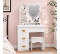 locwanot Coiffeuse dotée de Miroir Coiffeuse LED Coeur, Table de Maquillage avec 4 Tiroirs et Étagères Ouvertes, Coiffeuse Meuble Tabouret pour Chambre à Coucher, Assemblage UE
