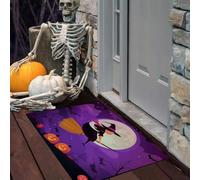 LODMLOER Paillasson d'halloween en Sorcière Balai pour Porte d'entrée extérieure, Tapis d'entrée Violet à Profil Bas avec Dos antidérapant,45 x 75 cm, Citrouille Pleine Lune