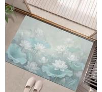 LODMLOER Paillasson d'intérieur Style Lavis d'encre, Tapis d'entrée Fleurs De Lotus Feuilles De Lotus 45 x 75 cm, Tapis d'entrée antidérapant et Lavable en Polyester Douce pour entrée,Gris Vert