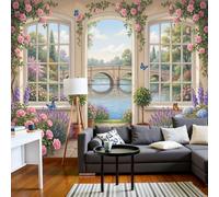 LODMLOER Papier Peint Jardin De Campagne 400x280cm Rose Beige Tissu intissé Peintures Murales Décoratives Chambre Bureau Salon Pont De Pierre Rose
