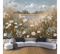 LODMLOER Papier Peint Panoramique Intissé Fleurs Sauvages Prairies 250x175cm - Fresque Murale Plantes Paysages Au Bord Du Lac - Papier Peint Photo, Décoration Murale pour Salon et Chambre