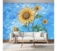 LODMLOER Papier Peint Panoramique Intissé Plantes Tournesol 200x140cm - Fresque Murale Aquarelle Fraîcheur - Papier Peint Photo, Décoration Murale pour Salon et Chambre