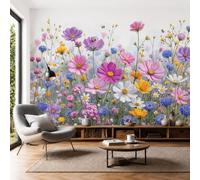 LODMLOER Papier Peint Panoramique Jardin Floral 450x315cm Papier Peint Intissé Fresque Murale Plantes Cosmos À L'Aquarelle pour Salon Canapé TV Fond Décoration Murale