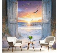 LODMLOER Papier Peint Panoramique Porte En Bois Vintage Dunes De Sable 200x140cm Papier Peint Intissé Fresque Murale Mouettes Coucher De Soleil Sur L'Océan pour Salon Canapé TV Fond Décoration Murale