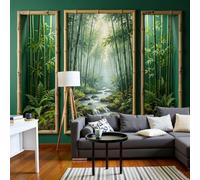 LODMLOER Papier Peint Style Lavis D'Encre 350x256cm Vert Foncé Tissu intissé Peintures Murales Décoratives Chambre Bureau Salon Forêt De Bambous Ruisseau