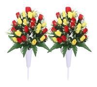 Lodou Fleurs artificielles de cimetière pour décoration de Tombe en extérieur, Bouquet d'arrangements avec Vase de cimetière, Fleurs en Soie pour Un Souvenir Durable (Rouge et Jaune)