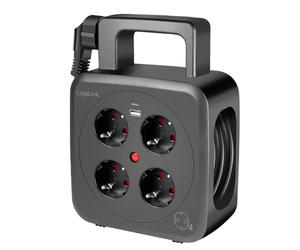 LogiLink LPS504 Enrouleur de câble de 5 m avec 4 Prises (Prises de Contact de Protection), 1 Port USB-A et 1 Port USB-C e Protection IP20 et disjoncteur Thermique de Protection Contre Les