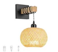 LOGT Applique Muraille LED Boho Bambou Batterie sans Fil Lampe Murale Intérieur Bois Vintage Applique Murale avec Télécommande Lampes de Chevet à Piles Rotin Tissé à la Main Applique Murale Dimmable