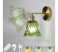 LOGT Applique Murale sans Fil Batterie avec Télécommande Rotative Lampe Murale Intérieure Fleurs Verre Abat-Jour Éclairage Mural Cristal Vert Rétro Rustique Lampe Rechargeable Or,1pcs
