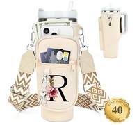 LOKASS Porte-bouteille d'eau personnalisé avec sangle pour accessoires de tasse Stanley - 1200 ml - Sac de transport avec poche pour téléphone - Accessoires élégants pour transport quotidien - Beige R