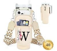 LOKASS Porte-bouteille d'eau personnalisé avec sangle pour accessoires de tasse Stanley - 1200 ml - Sac de transport avec poche pour téléphone - Accessoires élégants pour transport quotidien, beige W