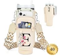 LOKASS Porte-bouteille d'eau personnalisé avec sangle pour accessoires de tasse Stanley, gobelet de 1200 ml, sac de transport initiale avec poche pour téléphone, pour femme, idéal pour Thanksgiving