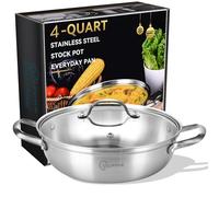 LOLYKITCH Kadai 3,8 l en acier inoxydable avec couvercle | Faitout 30,5 cm | Poêle à sauter triple épaisseur en acier inoxydable | Poêle quotidienne | Poêle de cuisson indienne à induction | Passe au