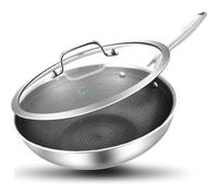 LOLYKITCH Wok Inox 26cm, Poêle Wok Tri-Ply avec Motif Nid d'Abeille | Couvercle en Verre, Compatible Induction,four et lave-vaisselle, Sans PFAS/PFOA,facile à nettoyer