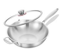 LOLYKITCH Wok Inox 32 cm avec Couvercle en Verre, Sans Revêtement, 3 Couches en Acier Inoxydable 18/8, Compatible Induction et Tous Feux, Passe au Four et au Lave-Vaisselle