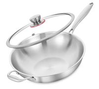 LOLYKITCH Wok Inox 34 cm avec Couvercle en Verre, Sans Revêtement, 3 Couches en Acier Inoxydable 18/8, Compatible Induction et Tous Feux, Passe au Four et au Lave-Vaisselle