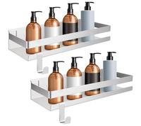 LOLYSIC Lot de 2 Etagere Douche Sans Percage en Inox 30x10 cm, Etagere Salle de Bain Auto-Adhésive avec 4 Crochets, Panier Rangement Murale pour Cuisine, Argent Brossé