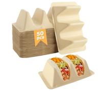 LOLYSIC Lot de 50 supports à tacos en fibre de pulpe avec 2 séparateurs, assiettes à tacos en fibre de pulpe pour 2 tacos, support de plateau à tacos pour fête, ensemble de service pour tacos Tuesday