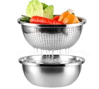 LOLYSIC Passoire Cuisine Inox 30 cm et Bol Mélangeur, Lot de 2 Saladier Inox épais, Ensemble égouttoir avec Plateau pour Laver Légumes, Fruits et Pates