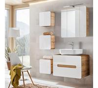 Lomadox Ensemble de meubles de salle de bain en blanc brillant avec chêne Wotan Nb. LUTON-56 avec miroir LED, l x H x P env. 130 x 200 x 46 cm