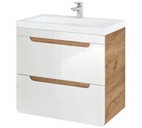 Lomadox Meuble de salle de bain avec meuble bas de 61 cm et lavabo en céramique, blanc brillant, chêne Wotan Nb., 2 tiroirs à fermeture douce