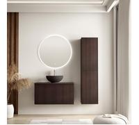 LOMAZOO Ensemble Meuble de Salle de Bain 80cm Noyer Cannelé - Vasque à Poser Noire - Colonne de Rangement [TROPANI]