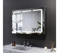 LOMIKEN Meuble de salle de bain avec miroir et éclairage, prises et interrupteur d'éclairage, 100 x 60 x 13 cm, meuble de salle de bain avec miroir, meuble de salle de bain avec miroir à 3 portes