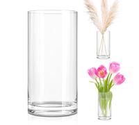 LOMUG Vases en verre cylindrique moderne de 25 cm de haut - Vase cylindrique en verre - Grand vase rond - Décoration de table - Cylindre en verre avec fond - Vase cylindrique pour fête, mariage