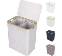LONBET Panier à linge avec couvercle et 2 compartiments, 150L - Panier à linge respirant avec cadre solide en bambou - Sac à linge amovible et lavable inclus - Paniers à linge imperméables | Gris clai