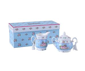 London Boutique Ensemble théière en porcelaine avec théière, sucrier et pot à lait crème - Style shabby chic vintage floral dans une boîte cadeau (crème et sucre rose bleu)