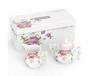 London Boutique - Grande théière en porcelaine anglaise avec pot à lait et sucrier, avec boîte cadeau, 1 300 ml (pot à lait et sucrier), Blanche