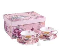 London Boutique Lot de 2 tasses à café et soucoupes en porcelaine Motif rose rétro, Vintage Summer, Ensemble de 2