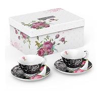 London Boutique Lot de 2 Tasses à thé et soucoupes en Porcelaine Anglaise Vintage Motif Floral Noir 200 m