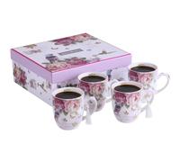 London Boutique Lot de 4 tasses en porcelaine fine - Style shabby chic vintage rétro - Dans une boîte cadeau - 330 ml (motif papillon rose oiseau)
