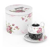 London Boutique - Théière, tasse et sous-tasse en porcelaine pour femme - Motif floral vintage - pour 1 personne - 350 ml (noir)