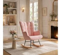 LONELYO Fauteuil à Bascule en Tissu Teddy Rose, Rocking Chair Confortable avec Accoudoirs et Dossier Carré, Fauteuil de Salon Rembourré pour Lecture, Détente, Design Moderne pour Chambre Adulte