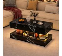 LONELYO Table Basse LED Noire Brillante, Table De Salon Moderne avec Rangement Double Niveau, Table Basse Design Effet Marbre, Style Contemporain Minimaliste pour Salon Appartement Et Espace Détente