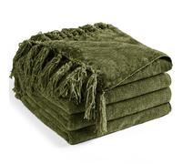 Long Create Chenille Throw Blanket for Couch 60"X 80" Twin, Soft Cozy Throws with Fringe Tassel for Bed Sofa Chair Cover, Lightweight Knitted Decorative Boho Blankets for Living Room, Olive Green