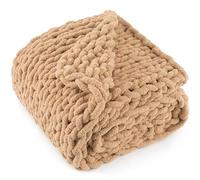 LONG CREATE Couverture en Tricot épais 100% Fait Main avec Fil Chenille Doux, 2 kg - Grand nœud en Corde pour canapé, lit, décoration d'intérieur, Marron Clair, 127 x 152,4 cm