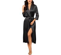 Long peignoir en satin avec poches, style kimono, noir, vêtements de nuit