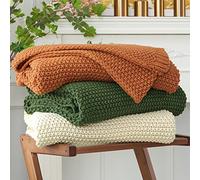 Longhui bedding Couverture épaisse et légère en Tricot torsadé 100% Coton Bio pour canapé, lit, Chambre de bébé, Style Rustique Chic, Shabby Chic, Orange brûlé, 129,5 x 160 cm