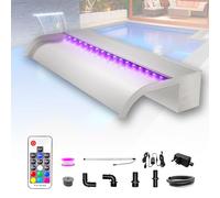Longrun Kit Cascade de 30cm pour Bassin, Lame de Cascade Courbe en Acier Inoxydable avec LED 7 Couleurs et télécommande, Largeur 25,5cm