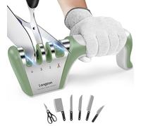 longzon 4 en 1 Aiguiseur Couteaux Professionnel, Gants Anti-Coupure Inclus | Affuteur Couteau Manuel, Affûteur simple et efficace, ravive les lames émoussées, poignée confortable-Vert