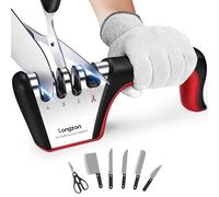 longzon 4 en 1 Aiguiseur Couteaux Professionnel, Gants Anti-Coupure Inclus | Affuteur Couteau Manuel, Affûteur simple et efficace, ravive les lames émoussées, poignée confortable-Rouge
