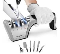 longzon 4 en 1 Aiguiseur Couteaux Professionnel, Gants Anti-Coupure Inclus | Affuteur Couteau Manuel, Affûteur simple et efficace, ravive les lames émoussées, poignée confortable-Gris