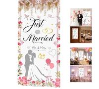 LoNinLoAn Bannière Just Married en polyester rose 90 x 185 cm | Bannière de porte Mr et Mrs pour mariage et anniversaire. Toile de fond pour décoration murale pour douche nuptiale et fête.