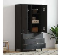 LoogCape Armoire industrielle noire 90 x 50 x 180 cm en métal avec 2 étagères, tringle à vêtements, 3 tiroirs, fentes d'aération, porte-badge, pour chambre à coucher, couloir, cave, camping