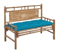 LoogCape Banc de jardin 120 cm en bambou avec coussin, dossier et siège résistant aux intempéries pour terrasse, jardin, extérieur, lecture et détente, coussin bleu clair