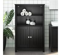 LoogCape Berg Armoire de salle de bain noire en pin massif 69,5 x 34 x 110 cm avec 4 étagères et 2 portes, meuble de salle de bain pour rangement, buanderie, toilettes d'invités, buanderie, meuble