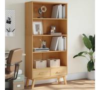 LoogCape Bibliothèque à 4 Niveaux Olden Marron en Bois de pin Massif avec tiroirs pour Rangement de Livres, décoration de Salon, Chambre ou Bureau, Design scandinave Robuste et Stable